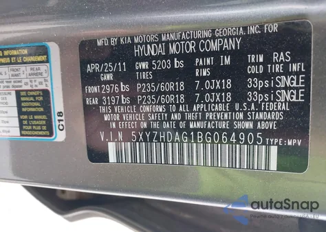 2011 Hyundai Santa Fe Se из США, поврежденный, VIN 5XYZHDAG1BG064905